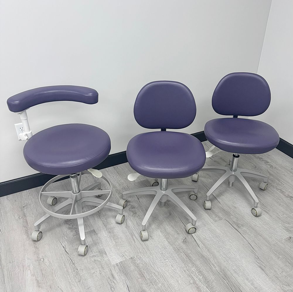ADEC 1601-1622 (White) Dental Doctor & Assistant's Stool Set Plus 1 Additional Adec 1601 Doctor Stool - Very Good Used Ultraleather Upholstery (Plum) *Excellent Used Condition ADEC 1601-1622 (White) Dental Doctor & Assistant's Stool Set Plus 1 Additional Adec 1601 Doctor Stool - Very Good Used Ultraleather Upholstery (Plum) *Excellent Used Condition