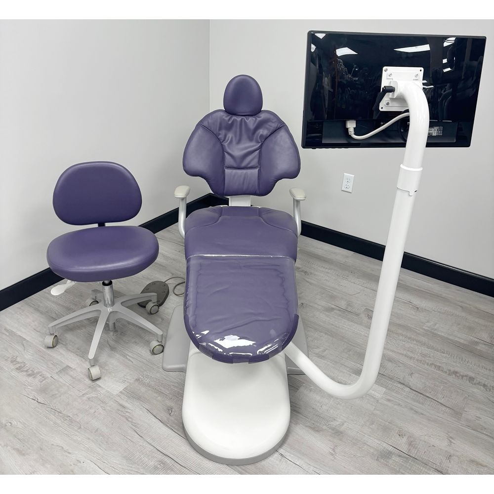 ADEC 411 Dental Patient Chair w/ Radius Monitor Mount & Screen & Adec 1601 Doctor Stool - Good Used Ultraleather Upholstery (Purple) *Refurbished ADEC 411 Dental Patient Chair w/ Radius Monitor Mount & Screen & Adec 1601 Doctor Stool - Good Used Ultraleather Upholstery (Purple) *Refurbished