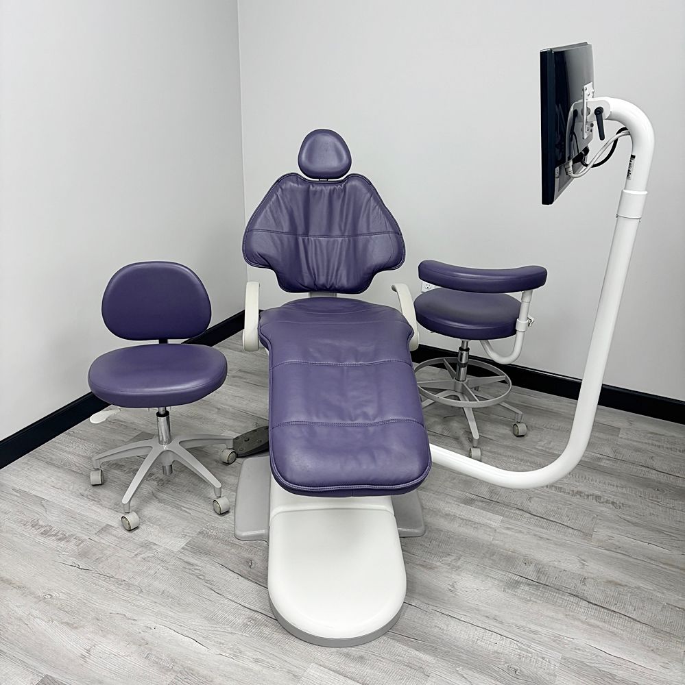 ADEC 511 Dental Patient Chair w/ Radius Monitor Mount & Screen & Adec 1601/1622 Stool Set - Good Used Ultraleather Upholstery, Purple *Refurbished