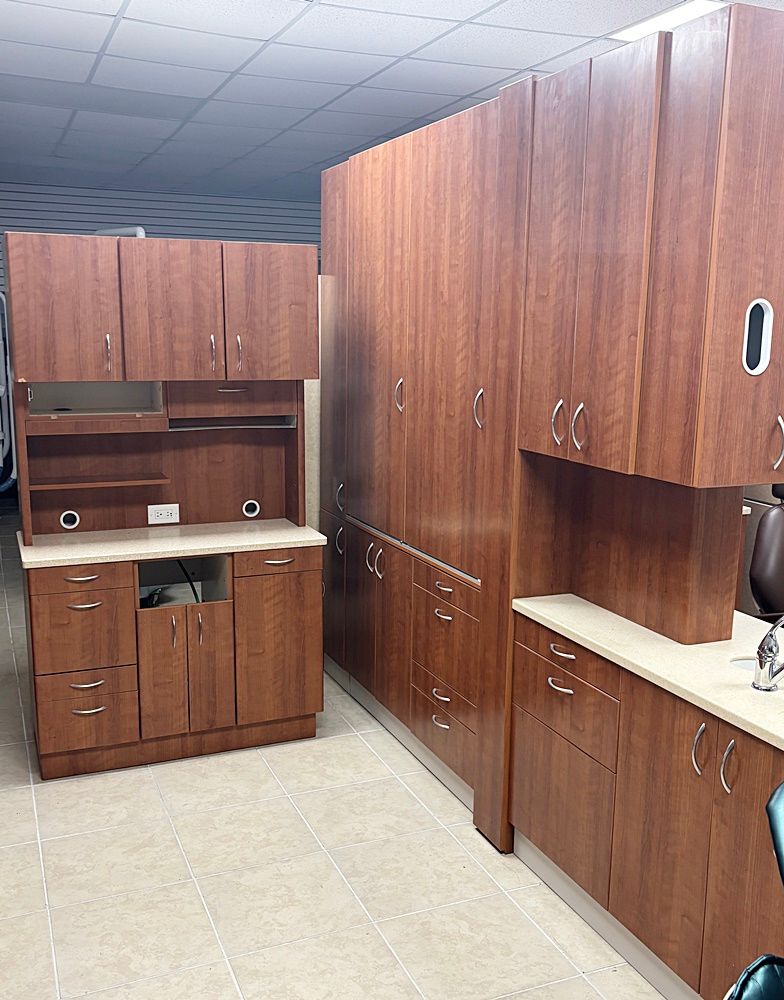 2 ROOM BioTec Dental Office Cabinet Package - 2 Rear Treatments & 1 Center Island (Amber Cherry) *Certified Used Condition