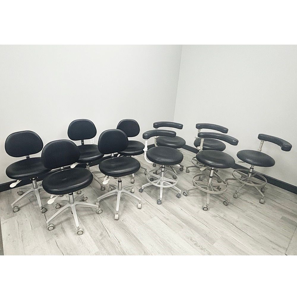 (SET of 5) x ADEC 1601 & 1622 (Surf or White) Dental Doctor & Assistant Stool Sets - Good Used Ultraleather Upholstery (Raven Wing) (SET of 5) x ADEC 1601 & 1622 (Surf or White) Dental Doctor & Assistant Stool Sets - Good Used Ultraleather Upholstery (Raven Wing)
