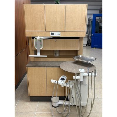 ADEC 5580 / 541 Dental Rear Treatment Console (42"W) - Dr Delivery & Assistant Pkg. - Limber Maple, Quarry Melange Countertop *Certified Used