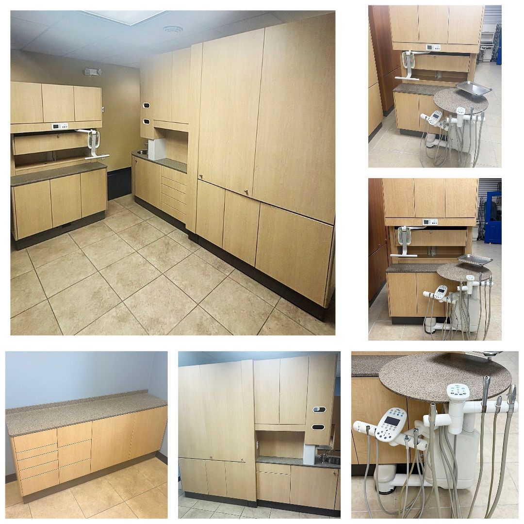 5 ROOM ADEC Dental Cabinet Package - (5) Adec 5580 Rear Treatment w/ 541 Dr Delivery & Assist. Pkg - (4) Adec 5543 Center Island - Limber Maple Laminate, Quarry Melange Solid Tops