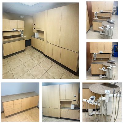 5 ROOM ADEC Dental Cabinet Package - (5) Adec 5580 Rear Treatment w/ 541 Dr Delivery & Assist. Pkg - (4) Adec 5543 Center Island - Limber Maple Laminate, Quarry Melange Solid Tops