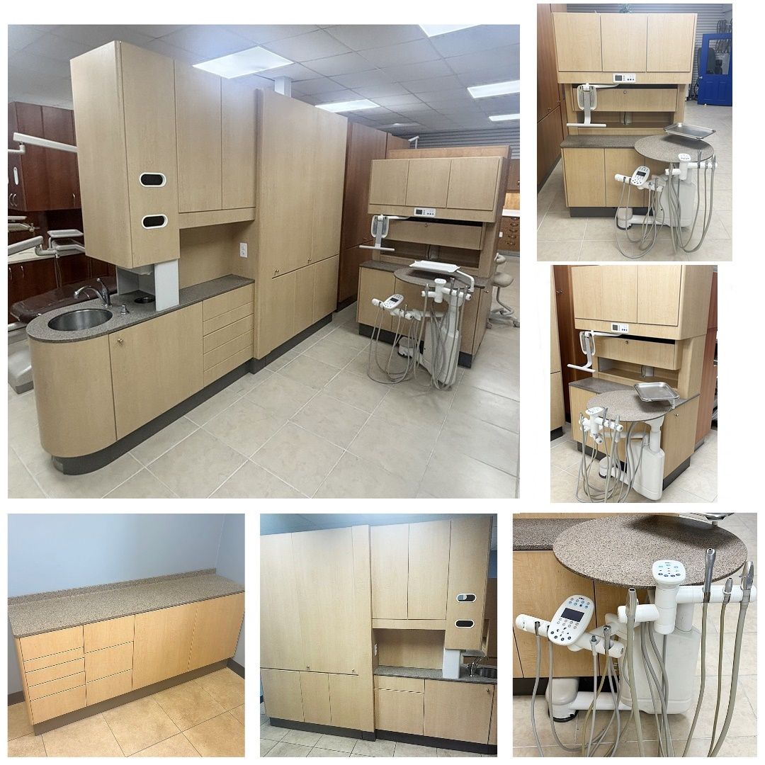 5 ROOM ADEC Dental Cabinet Package - (5) Adec 5580 Rear Treatment w/ 541 Dr Delivery & Assist. Pkg - (4) Adec 5543 Center Island - Limber Maple Laminate, Quarry Melange Solid Tops 5 ROOM ADEC Dental Cabinet Package - (5) Adec 5580 Rear Treatment w/ 541 Dr Delivery & Assist. Pkg - (4) Adec 5543 Center Island - Limber Maple Laminate, Quarry Melange Solid Tops