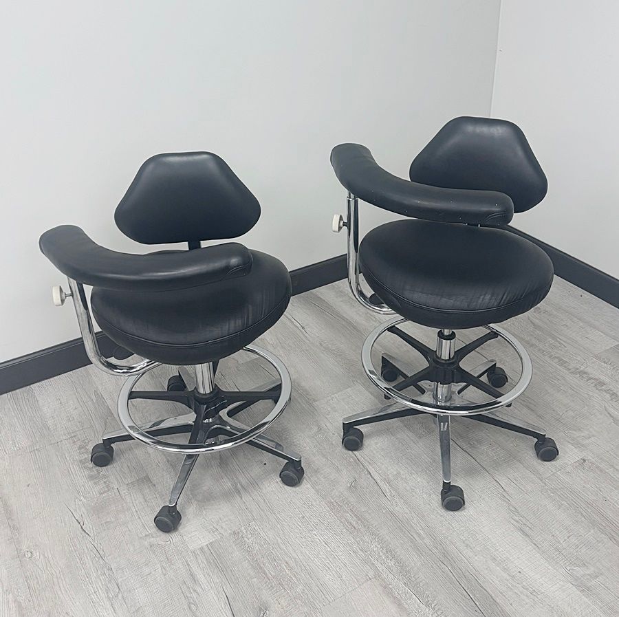 (SET of 2) Royal Dental Combo Assistant Stool w/ Back Seat - Black Ultraleather *Used Condition (SET of 2) Royal Dental Combo Assistant Stool w/ Back Seat - Black Ultraleather *Used Condition