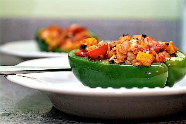 Curried Chickpea stuffed Bell Peppers with Cilantro-Coconut Coulis