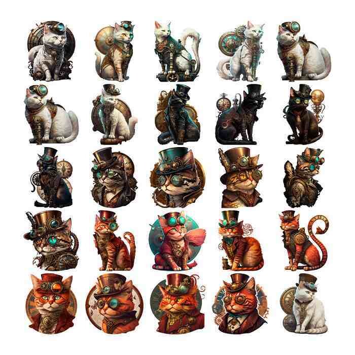 Sticker set steampunk cats 50 pieces