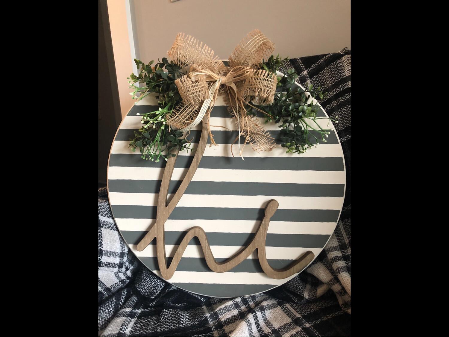 “Hi” Laser Cut Door Hanger With Greenery