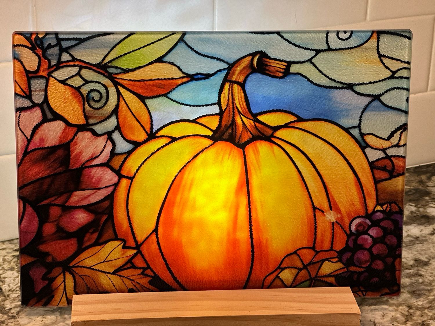 Tempered glass cutting board with wooden stand
