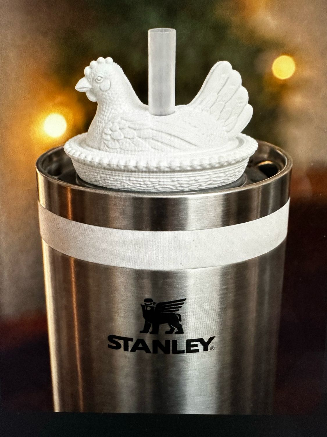 3d printed hen on a nest straw buddy