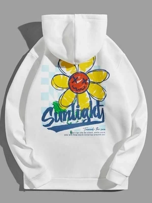 Men Floral &amp; Slogan Graphic Kangaroo Pocket Drawstring Hoodie