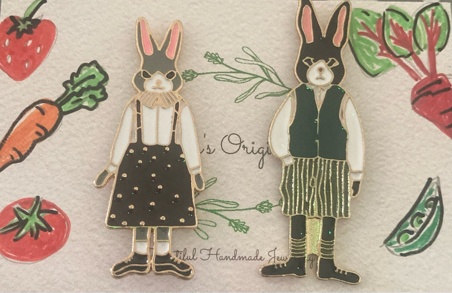 Mr And Mrs Rabbit Pin Badges