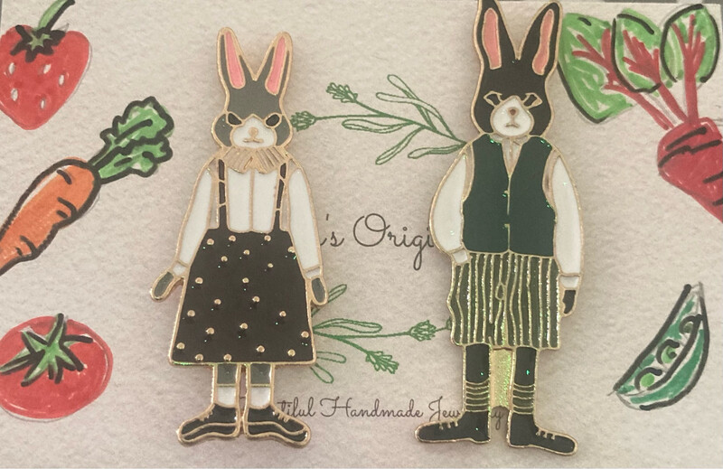 Mr And Mrs Rabbit Pin Badges