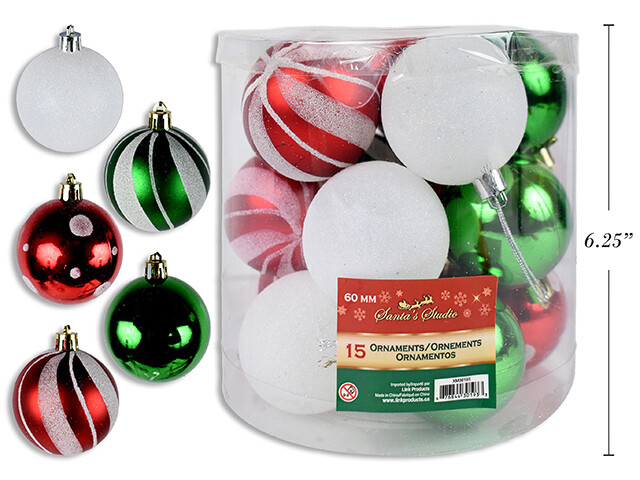 ORNEMENTS BOULES 60 MM 15MCX DANS TUBE BLANC/VERT/ROUGE (XM)(G2)