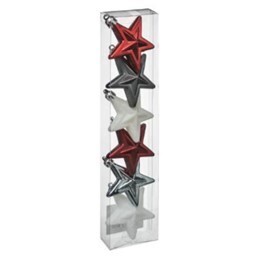 ORNEMENTS ÉTOILES ROUGE-BLANC-ARGENT 6MCX (XM)(G1)