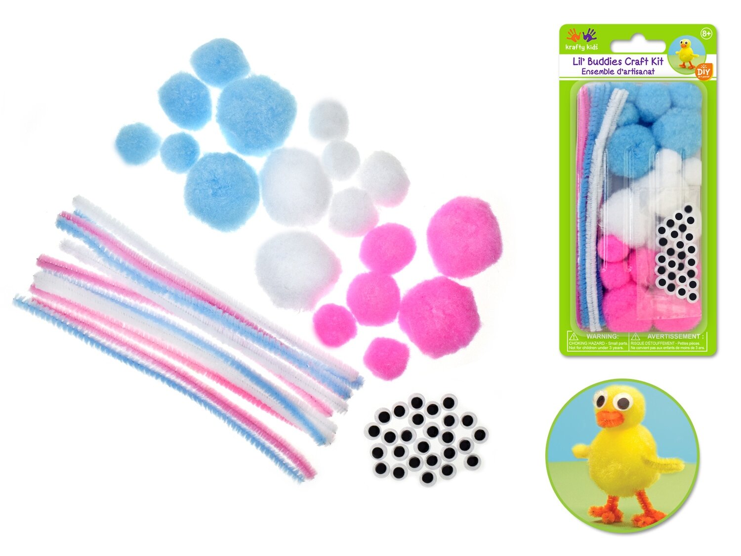 Bricolage petit canard chenille/pom/yeux Pastel (J4)