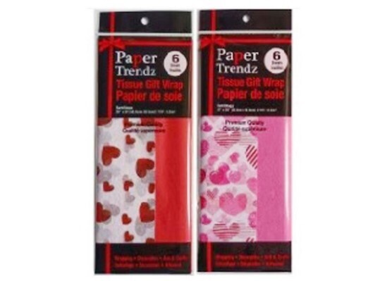 PAPIER DE SOIE IMPRIMÉ COEUR ROSE ET ROUGE 6 FEUILLES 20x20 (SV)