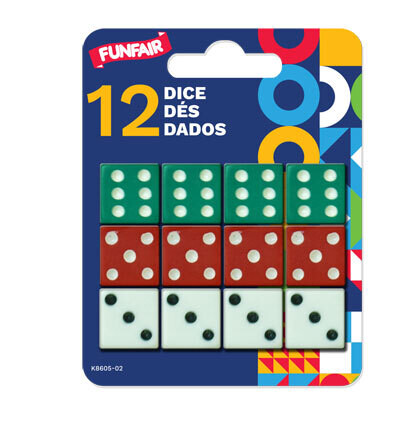 PAQUET DE 12 DES A JOUER VERT ROUGE ET BLANC (A11-5)