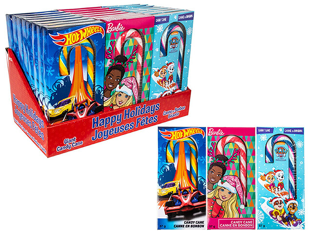 CANNE DE BONBON GEANTE 57G LICENCE - HOT WHEELS, BARBIE, PAT PATROUILLE (PRESENTOIR X24)  (XM)