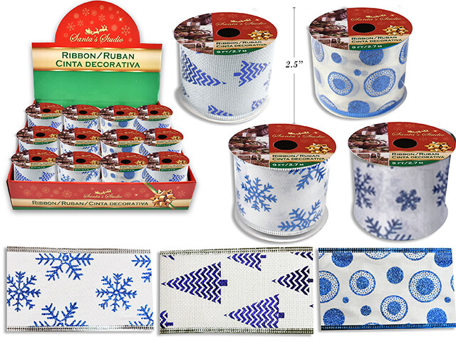 RUBAN DECORATIF BLEU ET BLANC 9PIx2.5PO (PRESENTOIR) (XM)
