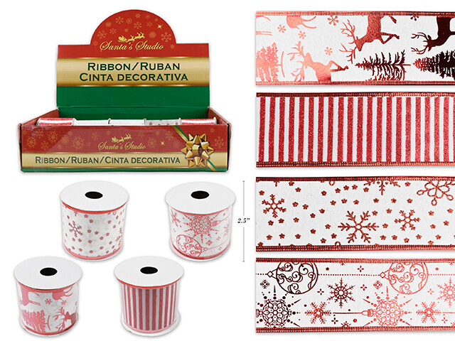 RUBAN DECORATIF ROUGE ET BLANC 9PIx2.5PO (PRESENTOIR) (XM)