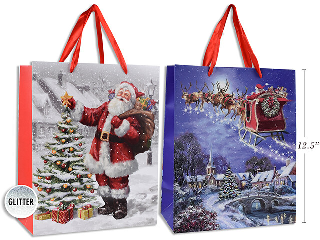 SAC CADEAU PERE NOEL DANS TRAINEAU LARGE 10x12PO (XM)