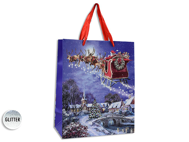 SAC CADEAU PERE NOEL DANS TRAINEAU MOYEN 7x9PO (XM)