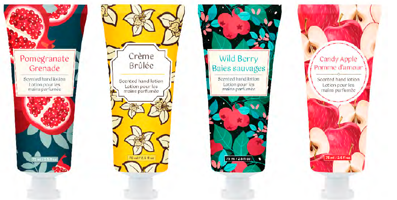 Lotion pour les mains parfumée 75ml dans présentoir de 20 , 4 asst. (E2-7)