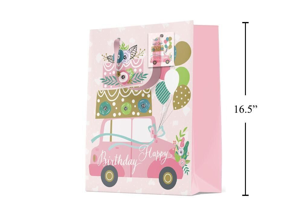 SAC CADEAU BIRTHDAY VOITURE ROSE LARGE 9x12 (C10-5)
