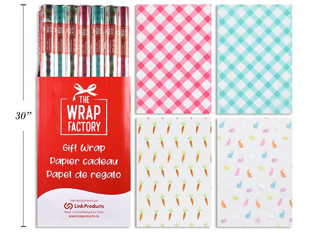 30in x 60in Easter Printed Cello Wrap. 12.5 Sq Ft. 4 Asst.Styles. Indiv.Shrink Wrap. 72/Dsp.