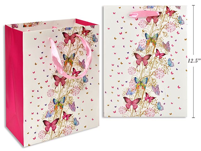 Spring Matte w/ Glitter Butterfly Giftbag-Large. Matte Finish w/ Satin Handle. J-Hook.