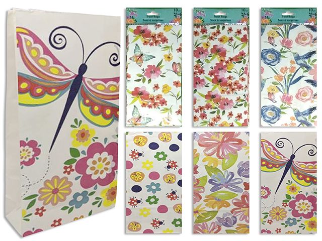6pk 10in(H) x 5jin(W) Spring White Kraft Lunch / Treat Bags. 6 Asst.Styles. Pbh.