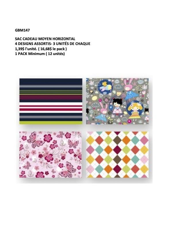 SAC CADEAU MOYEN HORIZONTAL RAYÉ/LOSANGE/PAPILLONS/PERSONNAGE(D3-1)