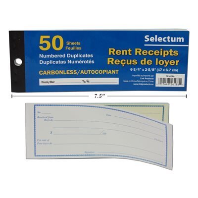Livret de Reçu de loyer duplicata 50 f. Format 2.5x7  (I4-5)