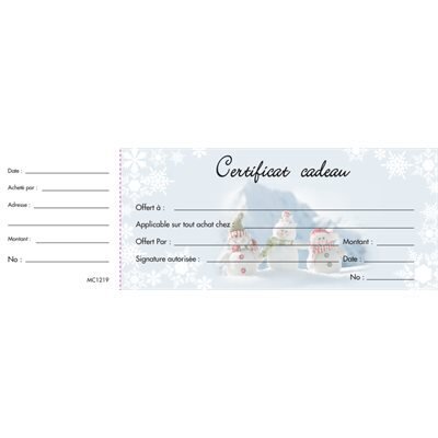 Certificat cadeau Noel Hiver (Livret de 10) (K1-2)