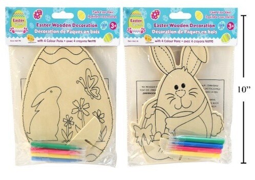 8.75in Easter Wooden Craft Decoration. 2 Asst. Bunny/Egg. Incl: 4 Markers/2 Glitter Glues. Pbh.
