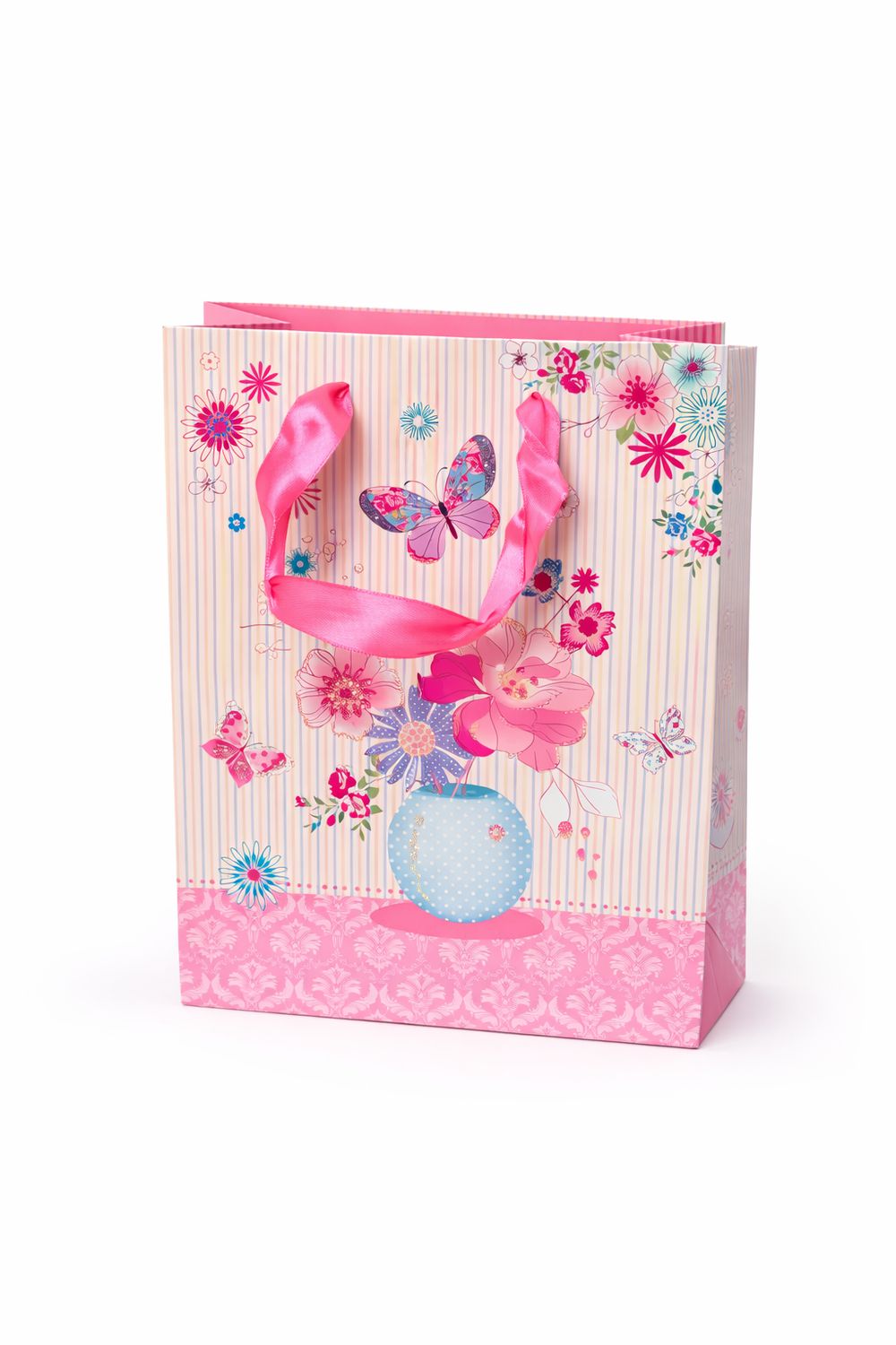 SAC CADEAU MOYEN  FLEURS ROSE