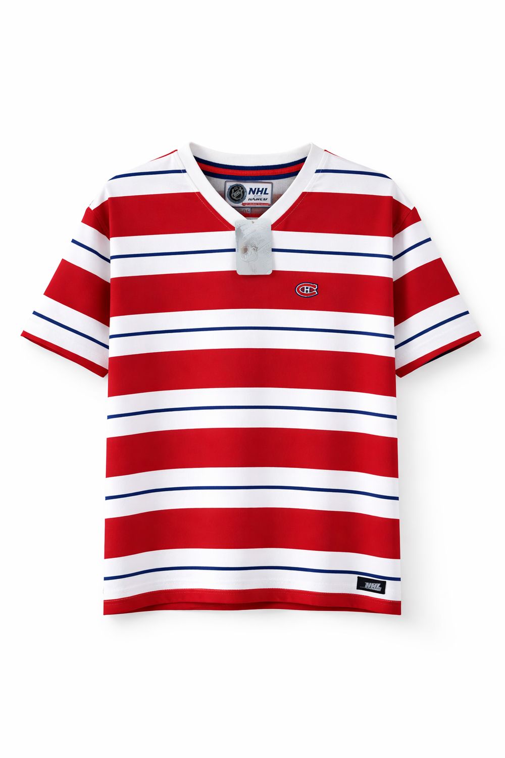 T-SHIRT OFFICIEL DU CANADIEN RAYÉ ROUGE ET BLANC ENCOLURE EN V(O4-2)