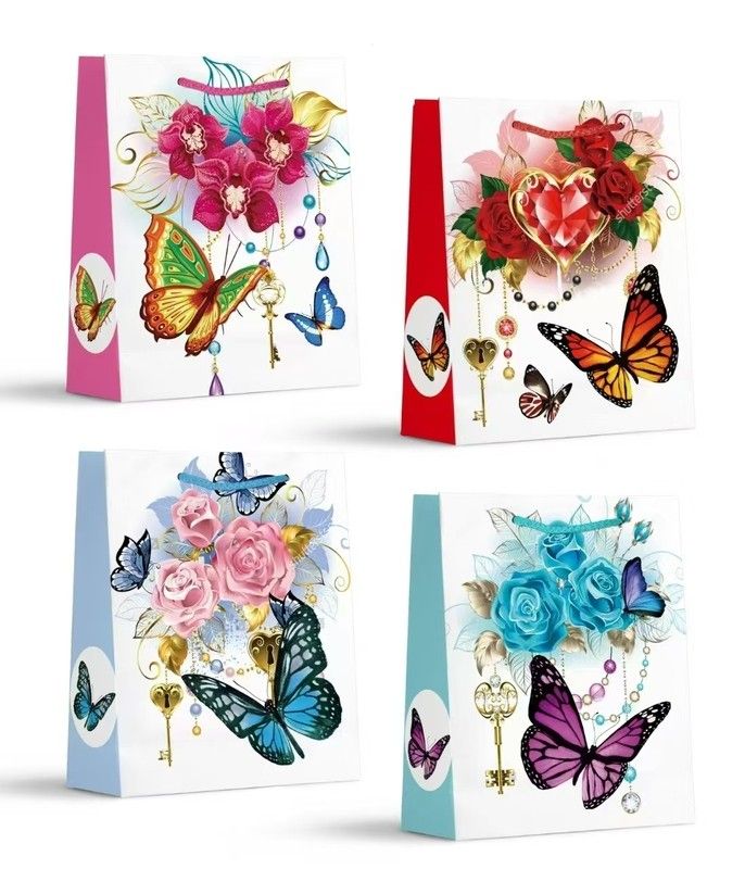 sac cadeau moyen papillon brillants 4 asst (C7-3)
