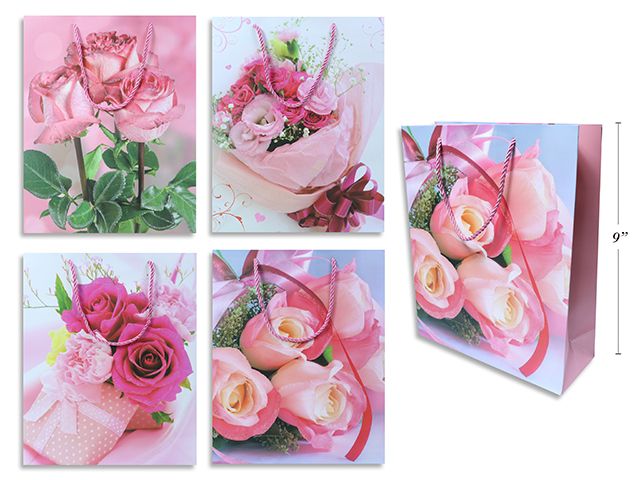 SAC CADEAU MOYEN FLEURS ROSE MAT ET BRILLANT (SV)
