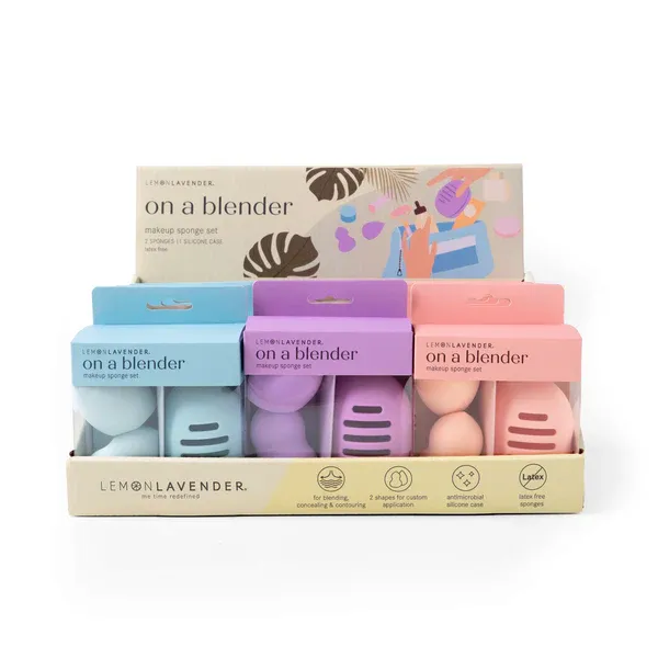 ENSEMBLE EPONGE A MAQUILLAGE (2) AVEC ETUI LEMON LAVENDER - PRESENTOIR DE 12MCX