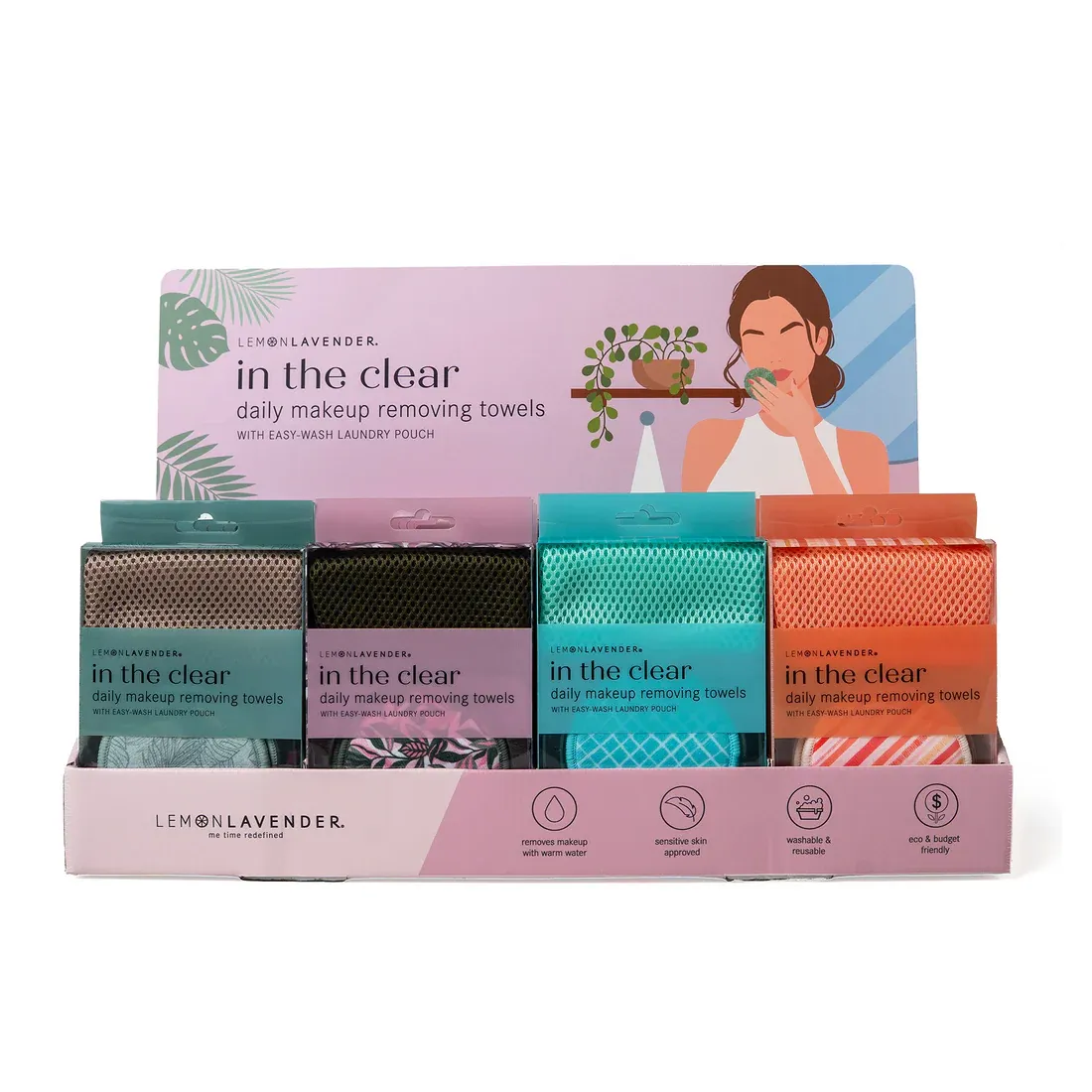 SERVIETTES DEMAQUILLANTES REUTILISABLES (7) ''IN THE CLEAR'' LEMON LAVENDER - PRESENTOIR DE 20MCX