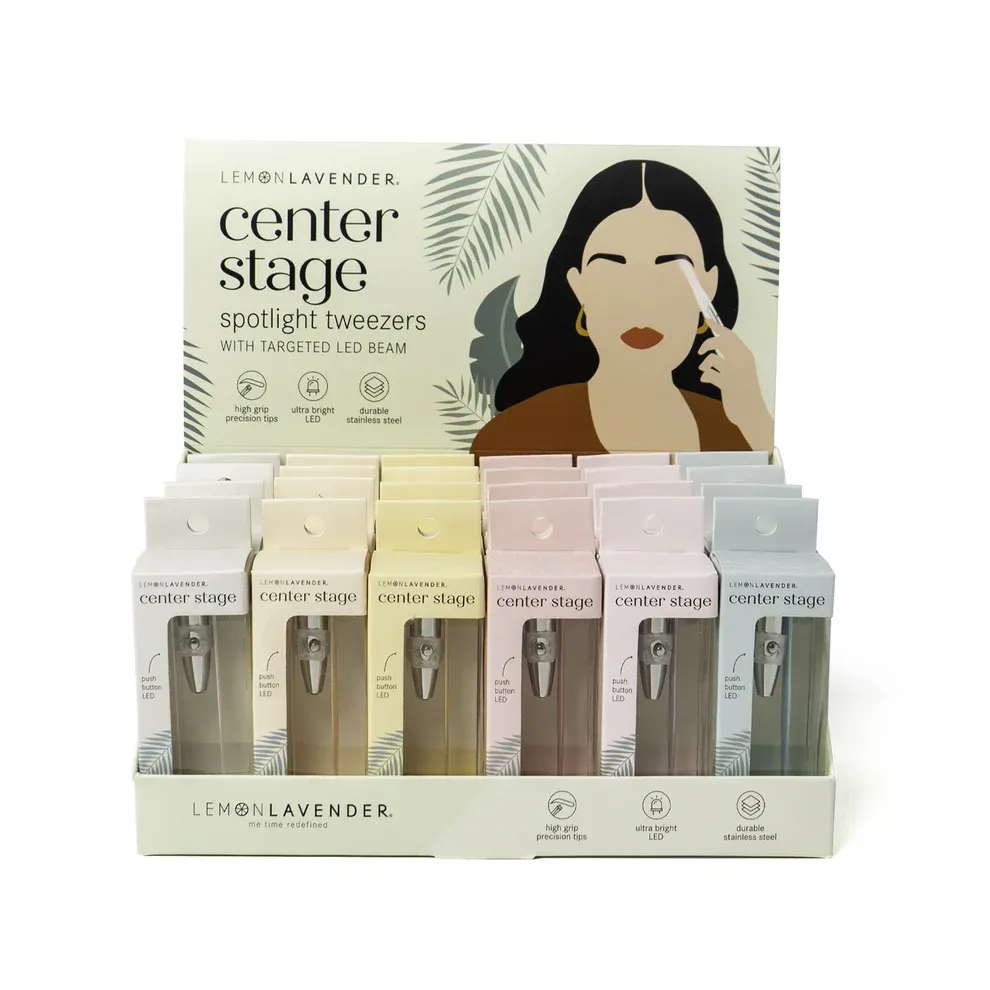 PINCE A EPILER LUMINEUSE ''CENTER STAGE'' LEMON LAVENDER - PRESENTOIR DE 24MCX