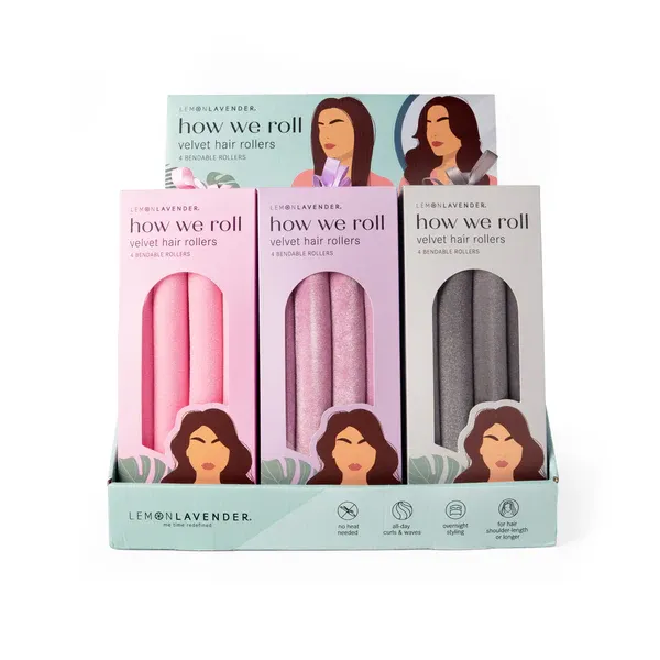 BIGOUDIS EN VELOUR (4) ''HOW WE ROLL'' LEMON LAVENDER - PRESENTOIR DE 24MCX