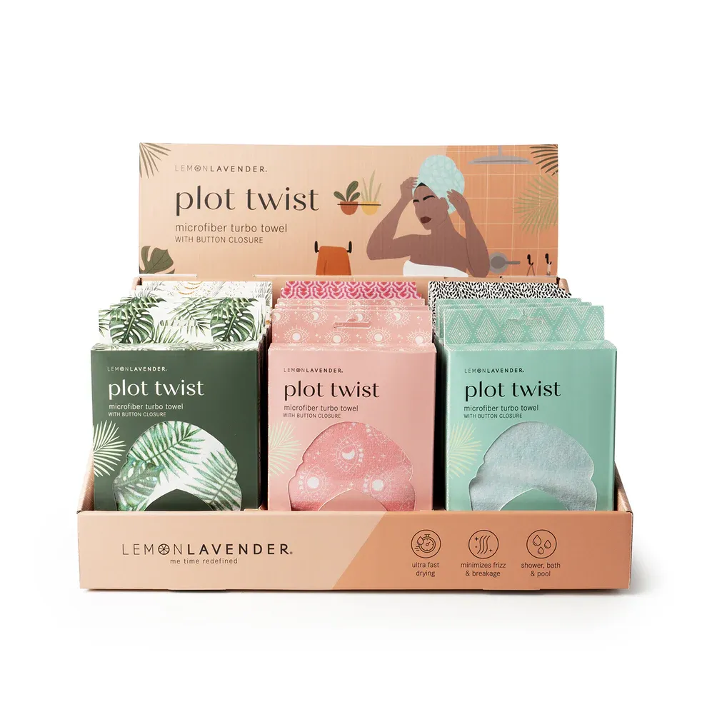 TURBAN EN MICROFIBRE POUR CHEVEUX ''PLOT TWIST'' LEMON LAVENDER - PRESENTOIR DE 18MCX