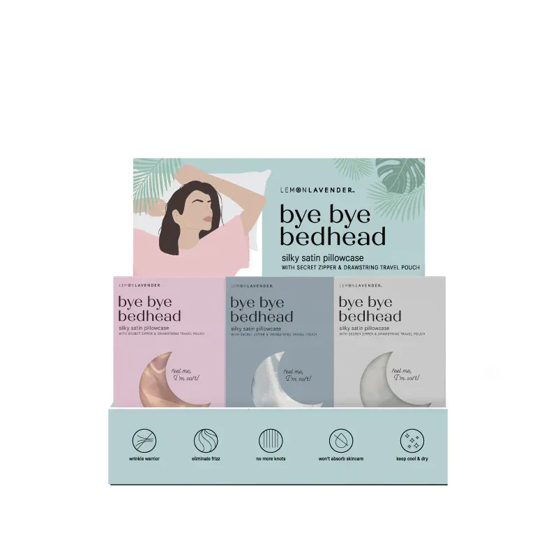 TAIE D'OREILLER QUEEN EN SATIN 20X28 ''BYEBYE BEDHEAD'' LEMON LAVENDER - PRESENTOIR DE 24MCX