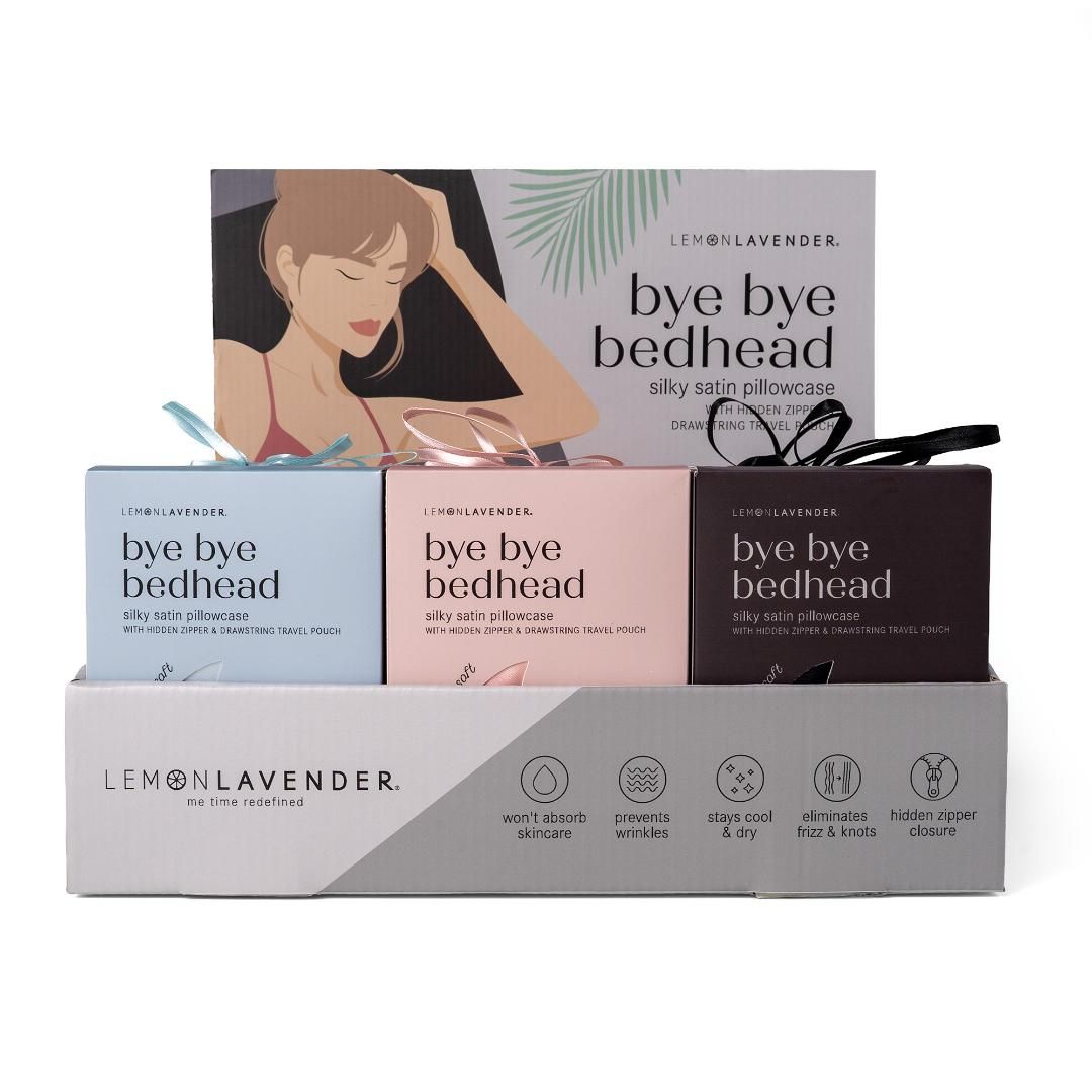 TAIE D'OREILLER QUEEN EN SATIN 20X28 ''BYEBYE BEDHEAD'' LEMON LAVENDER - PRESENTOIR DE 24MCX