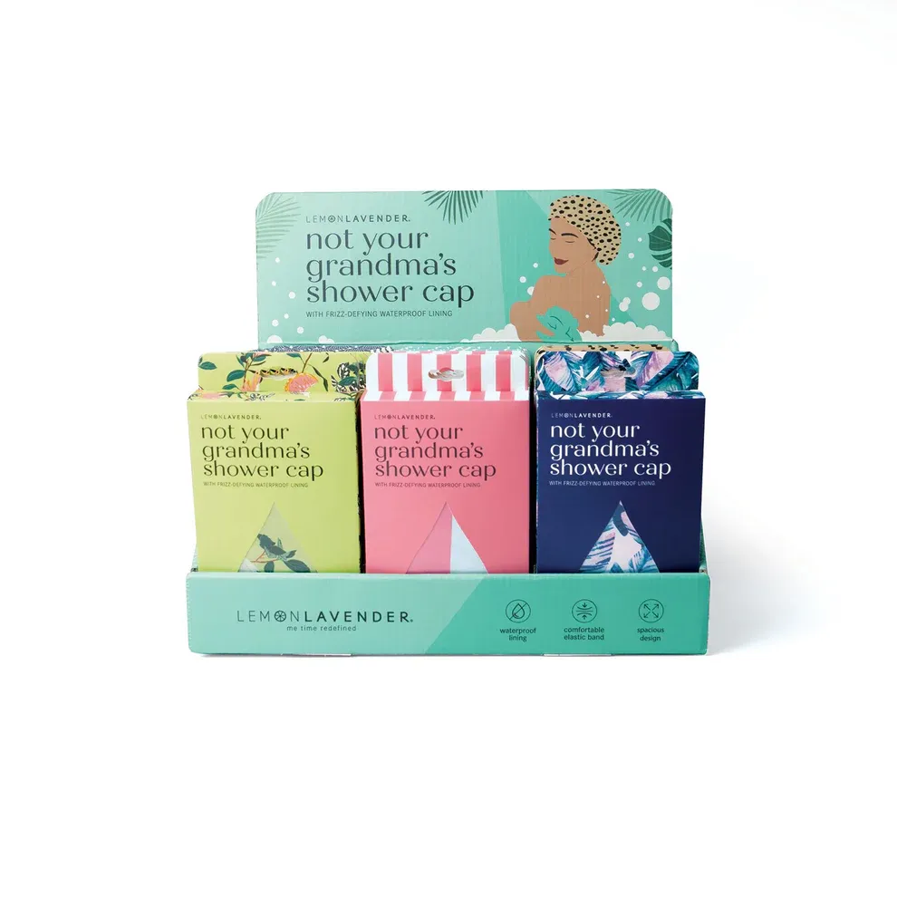 BONNET DE DOUCHE STYLÉS ''NOT YOUR GRANDMA'' LEMON LAVENDER - PRESENTOIR DE 24MCX