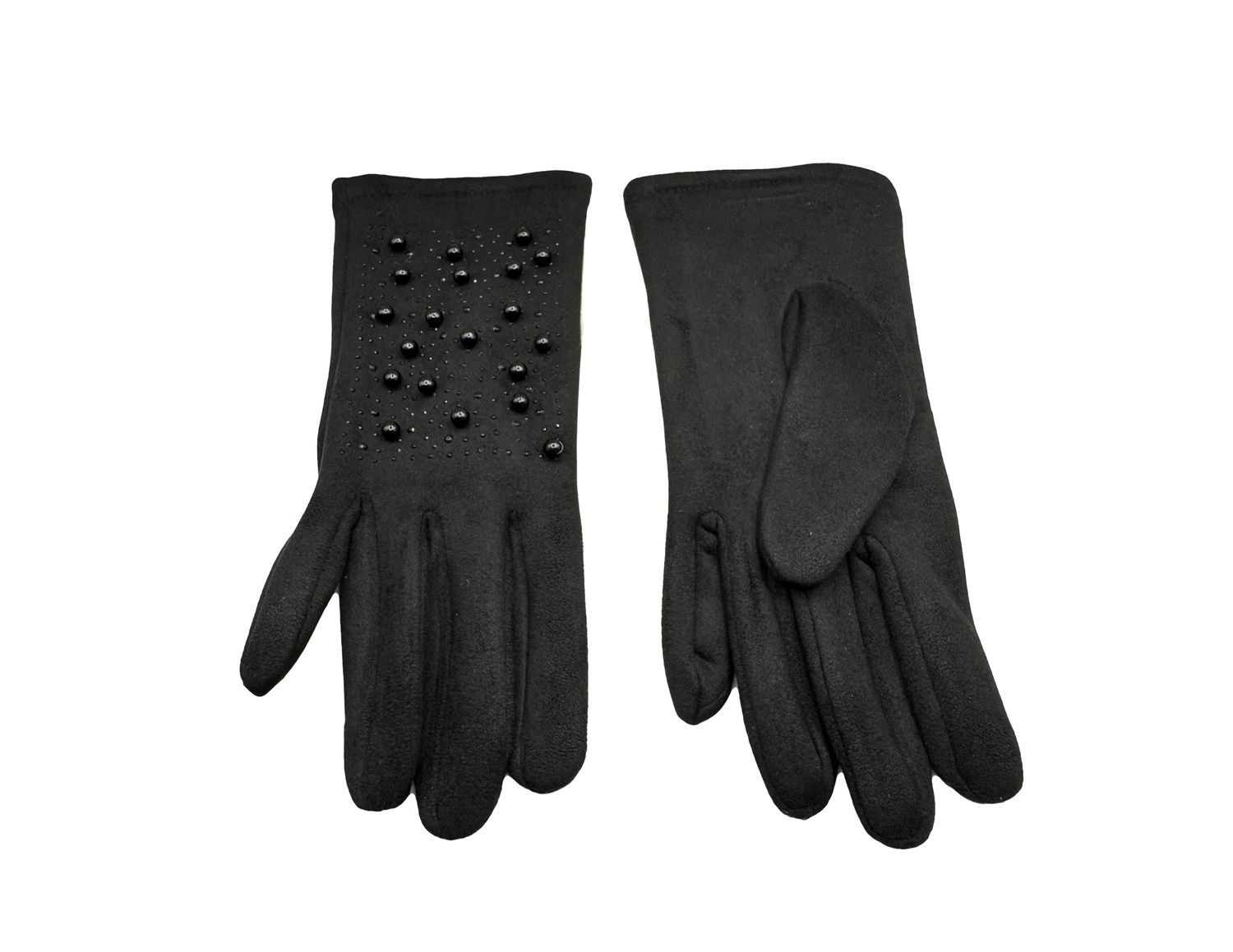 GANTS EN TISSU EMBELLI DE PERLES NOIRES AVEC BOUT TACTILE POUR ÉCRAN